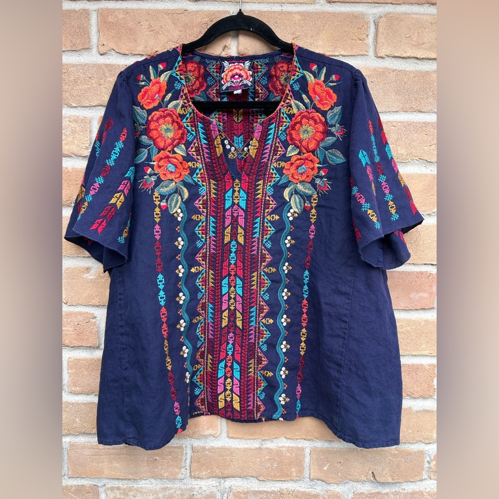 Johnny Was Ornelia Navy Blue Linen Embroidery L